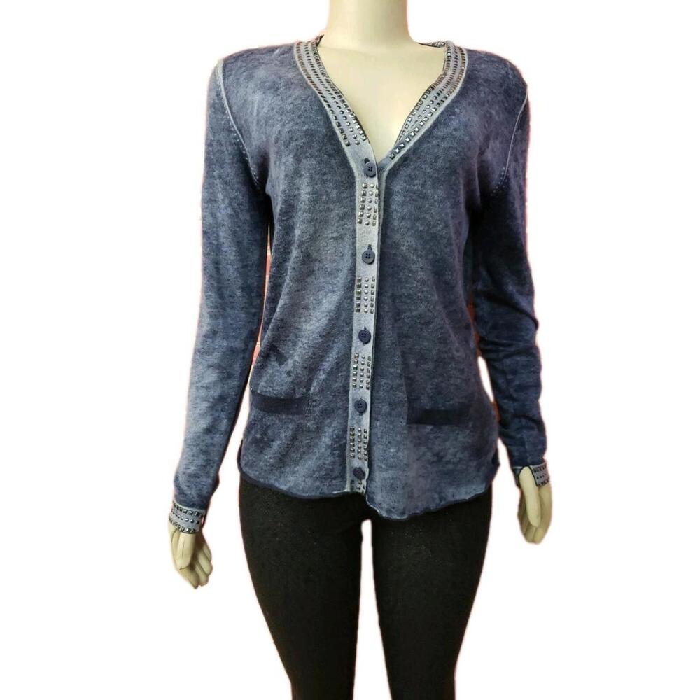 My Tribe Blue Dyed Cashmere Blend Women's Size L Studded Sweater Cardigan #C